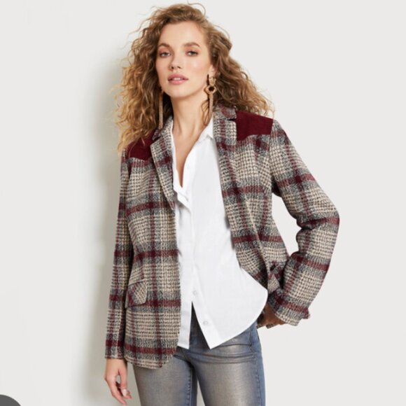 Sam Edleman Plaid Blazer Jacket with Red Corduroy Shoulders & Elbow Patches - Picture 1 of 12